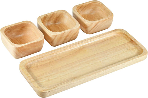 AeraVida Functional Kitchen Décor Snack Plate with Three Square Bowl Natural Brown Rubber Tree Wood Set | Wooden Square Bowls for Eating | Wooden ...