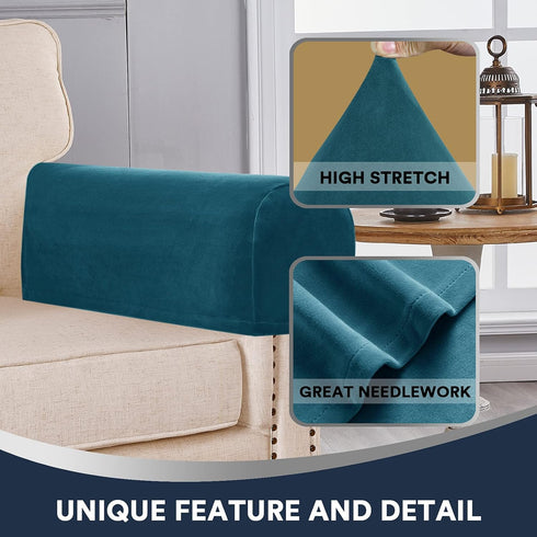 L.VICTEX Sofa Armrest Covers, 2 Pack, Deep Teal Velvet Plush Fabric, Furniture Accessories for Sofa, Recliner, Chair, Stretch, Durable, Velcro, Ma...
