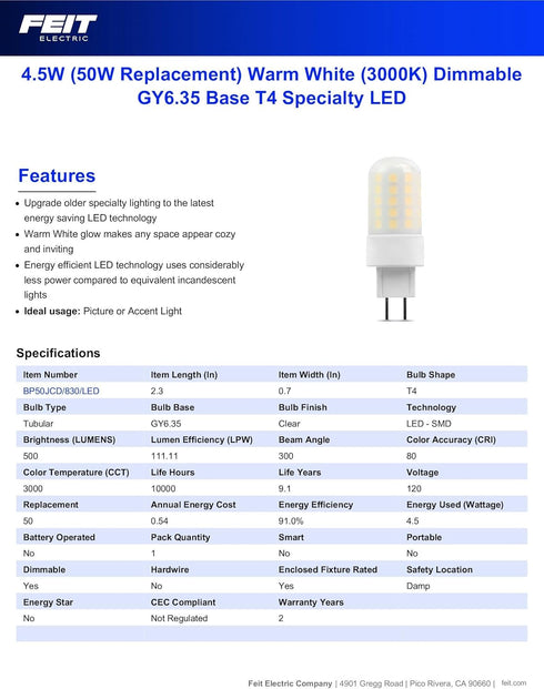 Feit Electric 50-Watt Equivalent, T4 LED Light Bulb, GY6.35 Bi-Pin Base, Dimmable, 3000k Warm White,120V for Chandeliers and Décor Light Fixtures,...