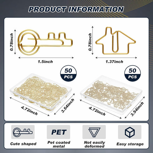 102 Pack Clips Office Supplies 50 Pcs House Shaped Paper Clips 50 Pcs Key Shaped Wire Paper Clip with 2 Pcs Clear Storage Box for Agent Office Hom...