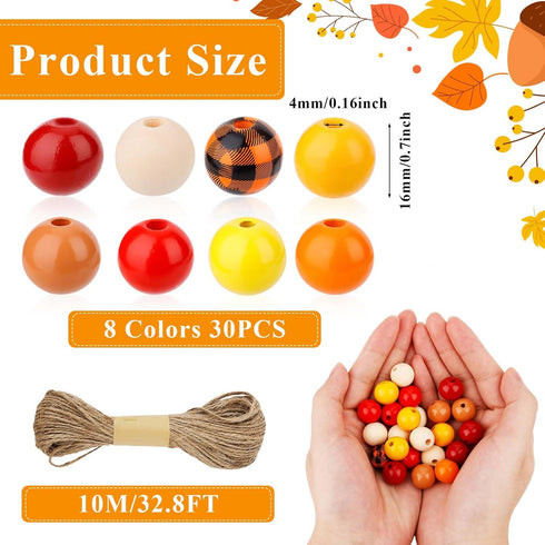 240pcs Fall Wooden Craft Beads with Hemp Rope, Thanksgiving Halloween Wooden Beads Plaid Wood Beads Wooden Round Beads Autumn Wooden Beads for DIY...
