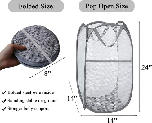 Larpur 2 Pcs Popup Mesh Laundry Baskets, Collapsible and Portable Clothes Washing Laundry Hampers with Reinforced Carry Handles, Gray Clothes Hamp...