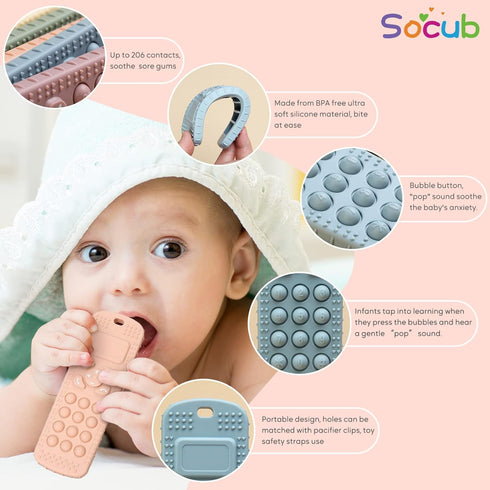Socub Silicone Baby Teething Toy for Babies 3-12 Months, 2 Pcs Mobile Phone Shape Teether Toys for Infants Boys Girls, BPA Free Pain Relief Chew T...