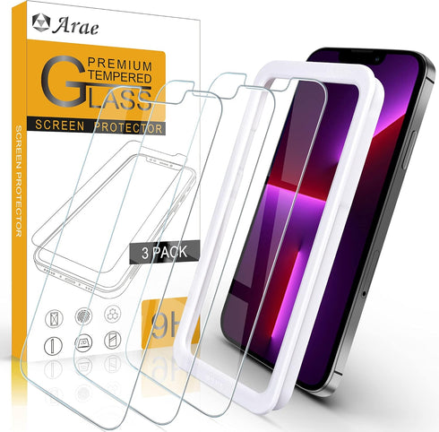 Arae Screen Protector for iPhone 14/iPhone 13/iPhone 13 Pro, HD Tempered Glass Anti Scratch Work with Most Case, 6.1 inch, 3 Pack...