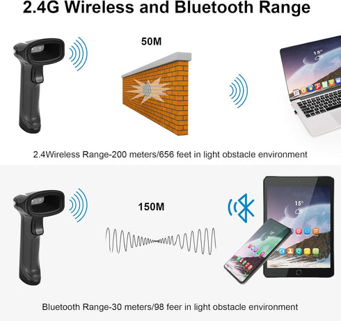 Bluetooth QR Barcode Scanner, PDF417 Rechargeable Code Scanner Wireless, Data Matrix 2D Barcode Rearder Cordless Connect Smart Phone, Tablet, PC, ...