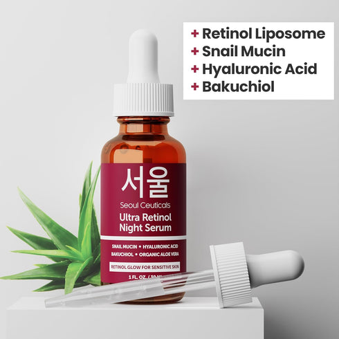 SeoulCeuticals 1% Korean Retinol Night Serum for Face - 97.5% Snail Mucin + Hyaluronic Acid + Bakuchiol, Cruelty Free K Beauty for Sensitive Skin ...