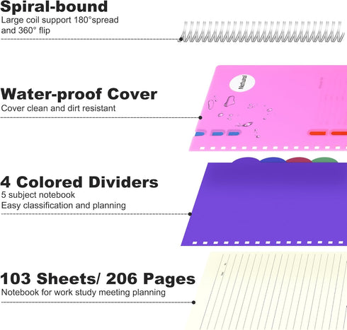 Spiral Notebook Wide Ruled 5 Subject Notebook with Tabs Dividers 6" X 8" Small Lined Journal Notebooks for Work 206 Pages Aesthetic Hardcover Note...
