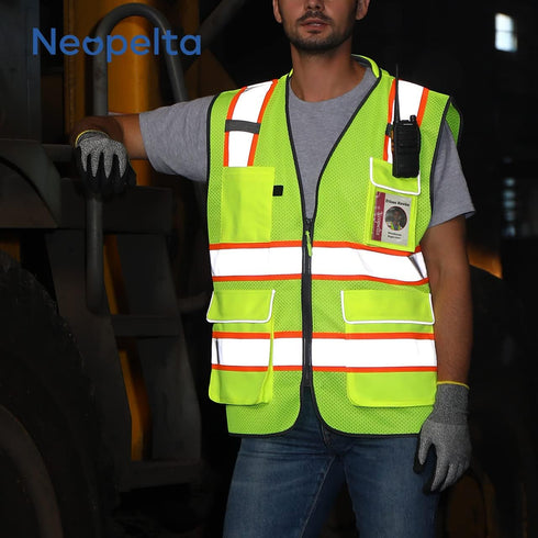 Reflective Safety Vest Yellow Mesh, High Visibility Vest with Pockets and Zipper, Padded Neck, Construction Work Vest ANSI Class 2, Yellow with Or...