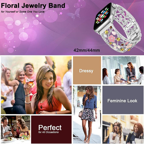 Floral Bracelet Compatible with Apple Watch Band 42mm 44mm 45mm 46mm 49mm iWatch Series 10 9 8 7 SE,Bling Crystal Hollow Metal Strap,Cute Women Dr...