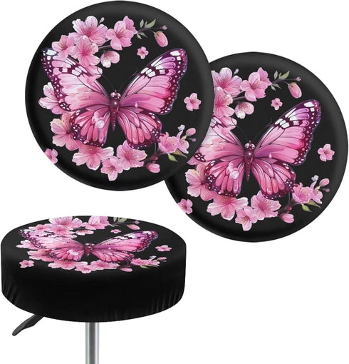 Peach Blossom Bar Stool Covers, Butterfly Print Round Stool Cushion Cover Bar Chair Covers Removable Washable Chair Covers for Dining Room Office ...