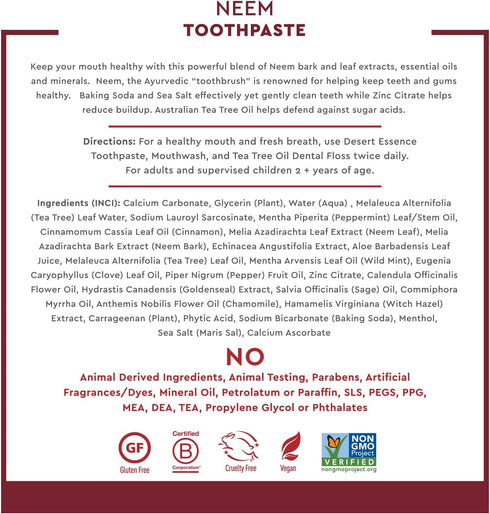 Desert Essence Natural Neem Toothpaste - Cinnamint - 6.25 Oz - Pure Essential Oil - Baking Soda - Complete Oral Care - Sea Salt - Refreshing Taste...