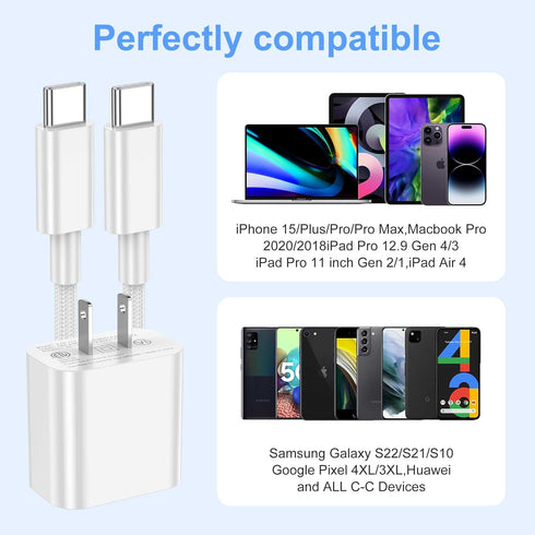 iPhone 15 Charger Fast Charging 3 Pack 20W PD USB C Charger with 10ft Braided Type C to USB C Cable Fast Charging Compatible with iPhone 15/15 Pro...