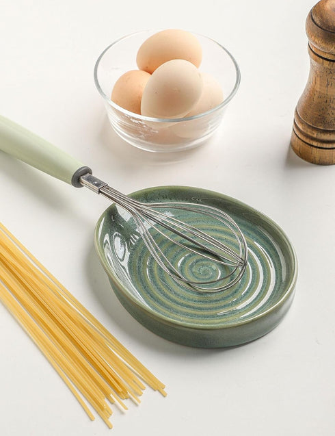 Ceramic Spoon Rest for Stove Top, Spoon Holder for Kitchen Counter, Farmhouse Cooking Utensil Holder for Spoons, Ladles, Spatula, Glazed Green...