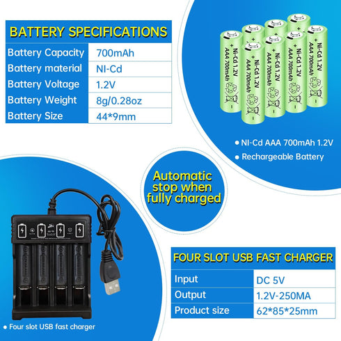 Fytoo 8PCS 1.2V 700mAh Ni-Cd AAA Battery with USB Charger for Wireless Microphone, Electric Toys, RC Mouse, Calculator, Shaver, Keyboard, Househol...