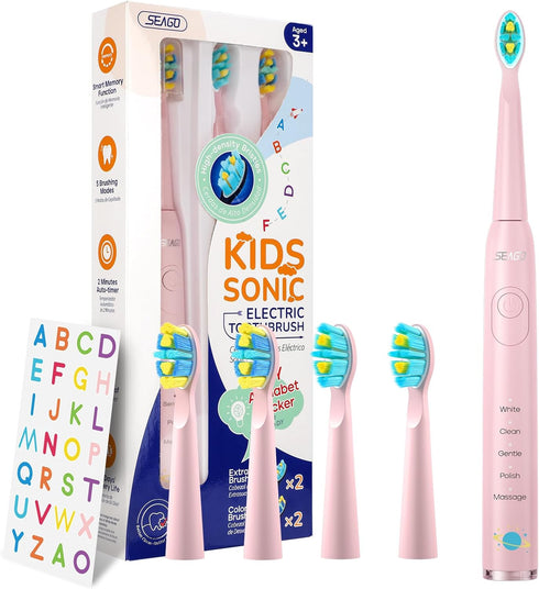 SEAGO Kids Electric Toothbrush, Sonic Soft Bristle Rechargeable Toothbrushes with DIY Stickers, 5 Modes, Includes 4 Replacement Brush Heads, Ages ...