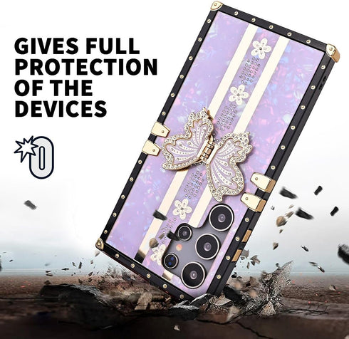 Compatible with Samsung Galaxy S22 Ultra Phone Case Butterfly Design,Cute Bling Rhinestones Sparkle Kickstand Case for Women Girls,Rectangle Desig...