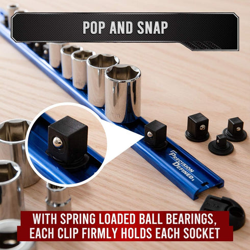 Precision Defined Aluminum Tool Socket Holder | Blue, Single 3/8-Inch Socket Organizer x 16 Clips | Heavy Duty Socket Rails Organizer, Socket Stor...