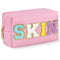 Preppy Makeup Bag, Synthetic Leather Patch Cosmetic Bag with SKIN Chenille Letter for Skincare, Gift for Girlfriend or Wife, Present for Girls, Da...