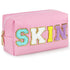 Preppy Makeup Bag, Synthetic Leather Patch Cosmetic Bag with SKIN Chenille Letter for Skincare, Gift for Girlfriend or Wife, Present for Girls, Da...