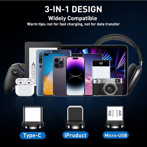 Magnetic Charging Cable 5-Pack (1.6/3.3/3.3/6.6/6.6FT), 540° Rotating Magnetic Phone Charger Cable with LED Light for Micro USB, USB C and i-Produ...