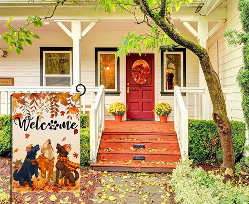 Welcome Fall Garden Flags for Outside 12x18 Double Sided Burlap, Seasonal Autumn Dogs Leaves Pumpkin September Thanksgiving Garden Flag Fall Outdo...