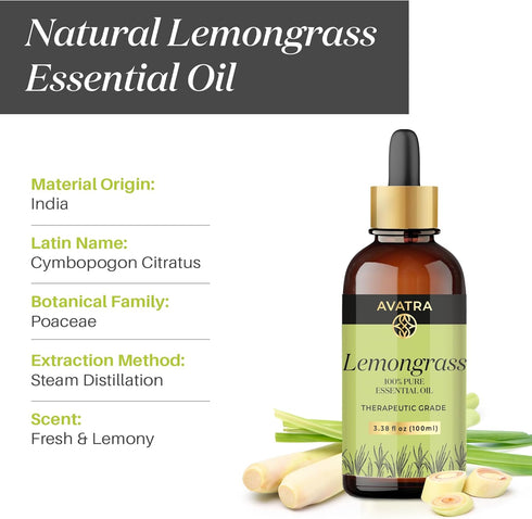 Avatra Lemongrass Essential Oil for Scalp, Skin, & Diffuser | Aromatherapy | Soaps & Candles | Pure & Natural Essential Oil- 3.38 Fl Oz...
