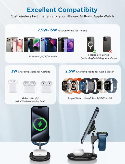3 in 1 Wireless Charging Station for Apple MagSafe Charger, 15W Fast Magnetic Mag-Safe Charger Stand for iPhone 15 14 13 12 Series Apple Watch Air...