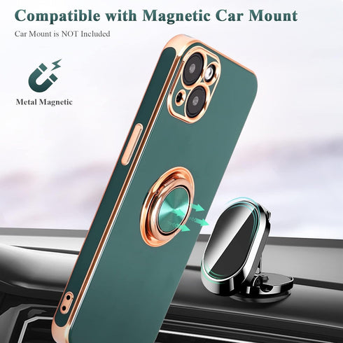 Design for iPhone 13 Case, Built-in 360° Rotatable Ring Holder Magnetic Kickstand Soft Silicone Ultra Slim Edge Plating Protective Cover 2021 6.1 ...