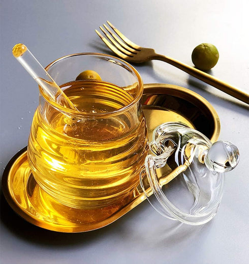 Lawei Glass Honey Jar with Dipper and Lid, 10 OZ Heat-Resistant Bee Hives Honey Pot, Clear Glass Honey Container for Store Honey and Syrup, Home a...