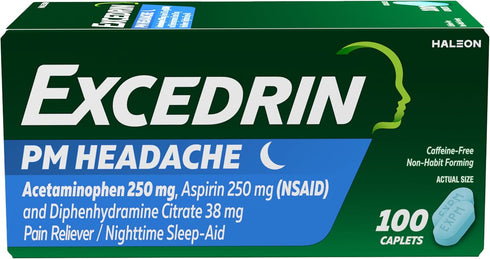 Excedrin PM Sleep Aid with Headache Relief Caplets for Nighttime Headaches and Sleeplessness - 100 Count...