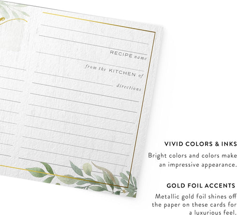 Dashleigh Farmhouse Greenery Recipe Cards with Gold Foil - 48 Double Sided 4x6 Cards - Sage Green Rustic Kitchen & Bridal Shower Gift...