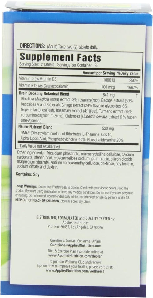 Applied Nutrition Healthy Brain All-Day Focus - 50 Tablets - Powerful 3-in-1 Brain Booster with Turmeric Extract - 25 Servings...