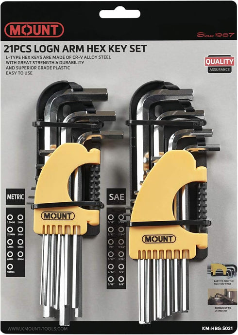 MOUNT 21PCS Long Arm Hex Key Set, Professional Allen Key Wrenches, Chrome Vanadium Alloy Steel (Cr-V), Portable Driver Tool Kit with Hinged Case f...