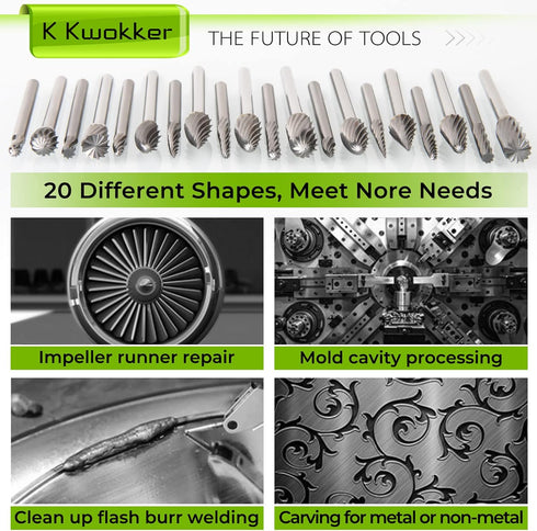 20PCS 1/8 Shank Tungsten Carbide Burr Set Diamond Files HRA85 Rotary Tool Accessory Kit, Accessories for Dremel Rotary Drill Air Die Grinder, Grav...
