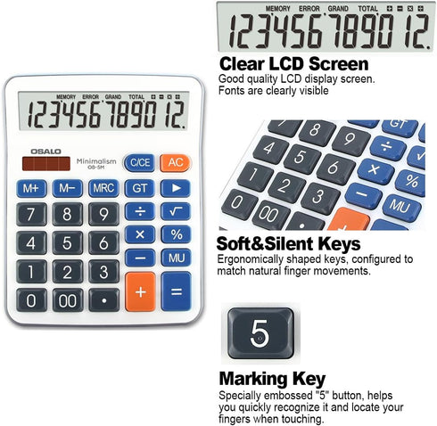 Desktop Calculator Extra Large 5-Inch Clear LCD Display 12-Digit Big Number Button Office Calculator with Auto Sleep Function (OS-5M)...