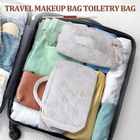 Large Quilted Makeup Bag,Travel Coquette Cosmetic Bag, Aesthetic Cute Floral Toiletry Organizer skincare Bag for Women Girls,Elegant Makeup Essent...