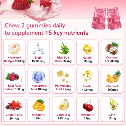 Sugar Free Collagen Gummies for Women Men, 2500mg Collagen with Biotin Sea Moss Vitamin C Zinc for Hair Skin Nails Muscle & Joint, Immunity - 60 S...