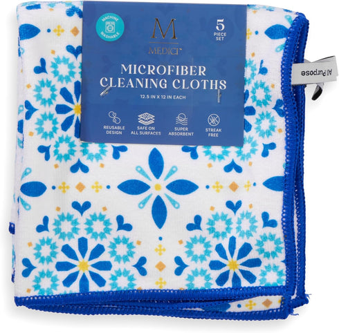 Core Home Reusable Machine Washable Pack of 5 Cobalt Blue 12.5 x 12 Polyester Cleaning Dish Towel Hand Cloth, Tiled Snowflake...