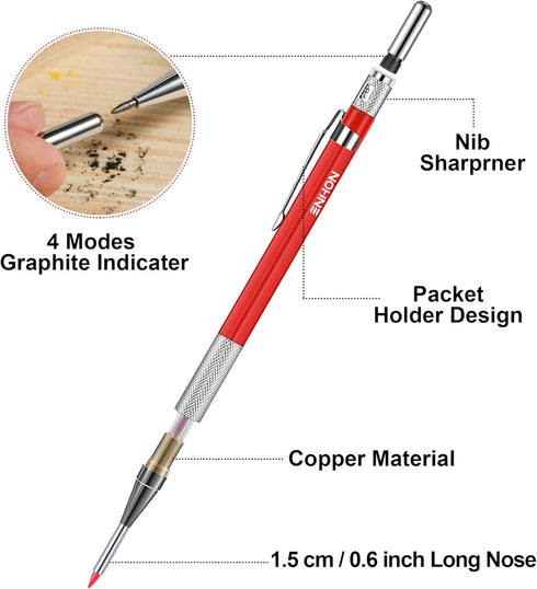 Enhon 2mm Mechanical Carpenter Pencil Set with 12 Marker Refills and Sharpener, Woodworking Marking Tool Solid Deep Hole Construction Pencil, Exte...