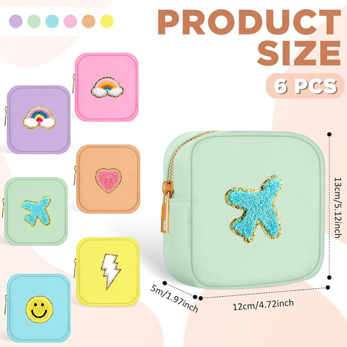 Zubebe 6 Pcs Preppy Patch Cute Makeup Bags Toiletry Bags Skincare Bag Chenille Letter Nylon Bag for Purse Small Zipper Cosmetic Makeup Pouch Prepp...