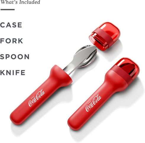 ZOKU Coca-Cola Pocket Utensil Set | Stainless Steel Fork, Knife, and Spoon Nest in Hygienic Case | Portable Design for Travel, School, Work, Picni...