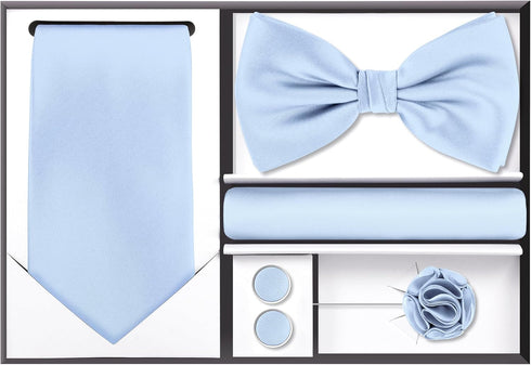 TIE G 5pcs Tie Set in WHITE OR BLACK GIFT BOX: Solid Color Necktie, Satin Bow Tie, Pocket Square, Lapel, Cuff Links...