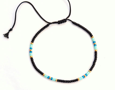 Anklet for Women, Unique Beaded Thin Anklet, Black Gold Colorful Boho Hippie Waterproof Beach Foot Jewelry, Native American Style, Handmade by Tri...