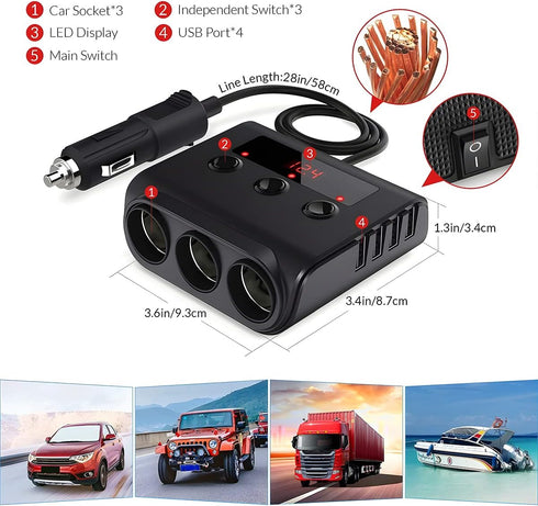 Car Cigarette Lighter Adapter, 12V/24V 120W 4 USB 3 Socket Splitter Car Chargers, LED Voltage Display On/Off Switches, Automotive Cigarette Lighte...