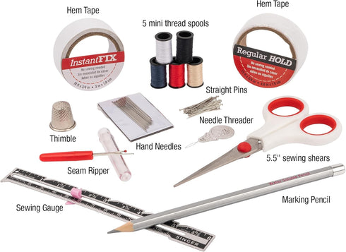 SINGER Storage Pouch – 92 Piece Hem Tape, Seam Ripper, Scissors, & Marking Pencil Sewing Kit, White...