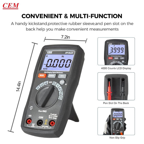 CEM DT-913T Digital Multimeter TRMS 4000 Counts Voltmeter Auto-Ranging Fast Accurately Measures LCD display Voltage Current Amp Resistance Diodes ...