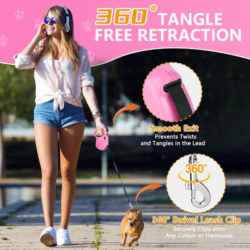 Retractable Dog Leash, 16ft Dog Walking Leash for Small Dogs up to 77lbs, Non-Slip Handle - Pink...