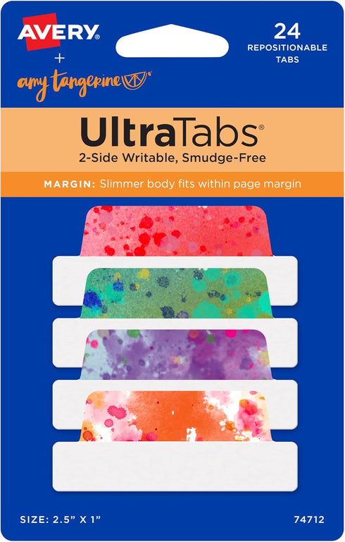 Avery + Amy Tangerine Designer Collection Ultra Tabs, Repositionable Margin Tabs, 2.5" x 1", Splatter Designs, 2-Side Writable, 24 Sticky Tabs (74...