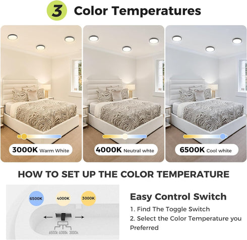 1PACK Flush Mount LED Ceiling Light Fixture Black, 6.5Inch 12Watt, Dimmable & 3000K-4000K-6500K 3 Color Selectable Ceiling Lamp 1200LM Low Profile...