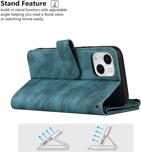 iCoverCase iPhone 13 Wallet Case with Card Holder, 2 in 1 PU Leather Magnetic Clasp Zipper Pocket Shockproof Detachable Flip Wrist Strap for (Blue...